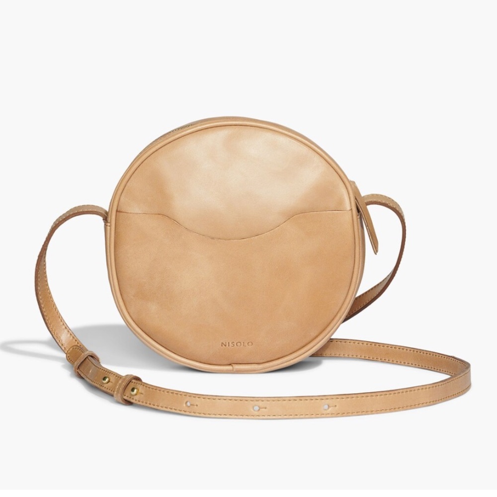 NISOLO Carry All Circle Crossbody Leather Bag, Camel, Tan, Round Purse
